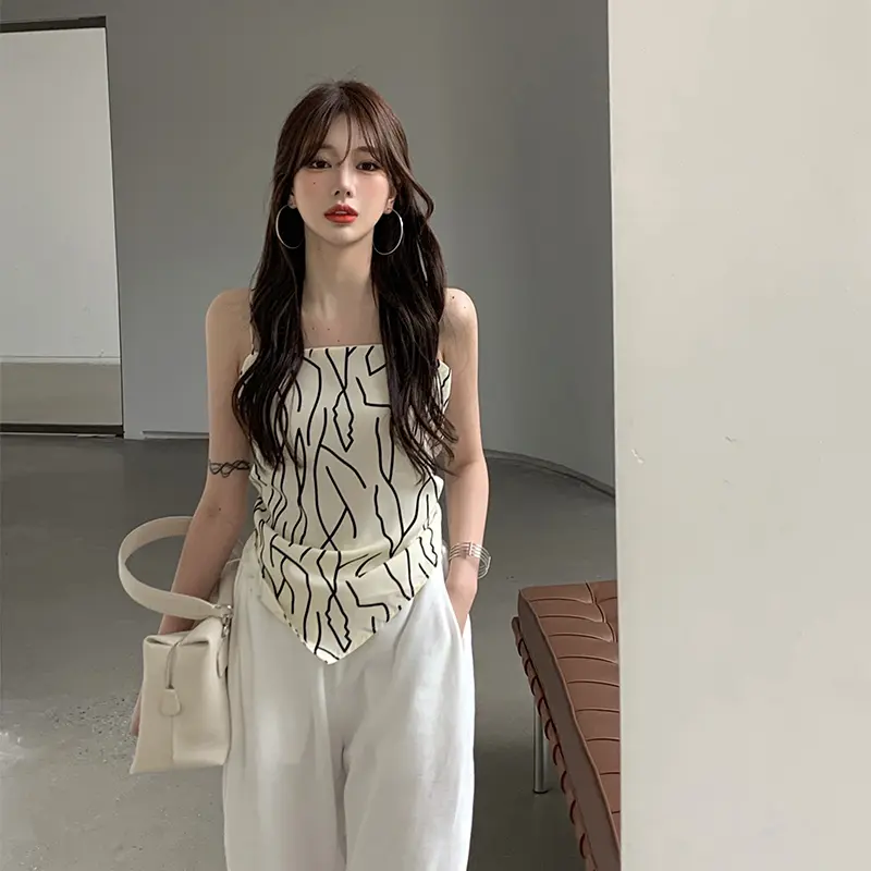 Women Irregular Hem Backless Camisole, Boat Neck Sleeveless Off-the-shoulder Tops, Black/ Beige
