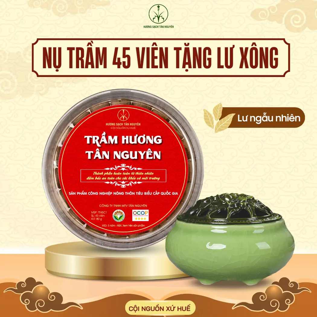 [TẶNG LƯ XÔNG] Nụ trầm hương Tân Nguyên tặng lư xông gốm, nụ trầm sạch hộp 45 viên thơm phòng nutram