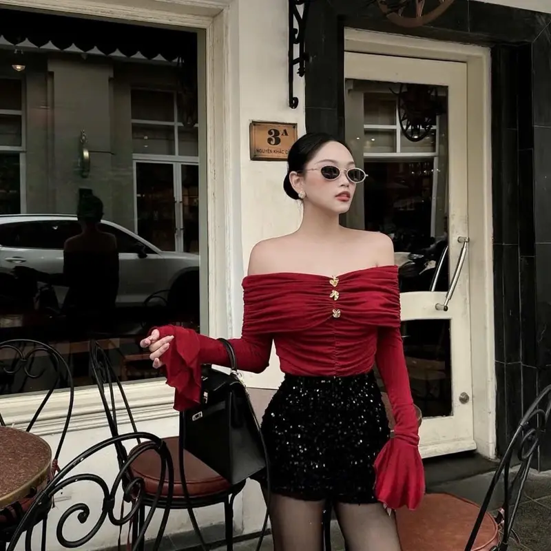 Sét nữ sang chảnh - Sét áo trễ vai cúc vàng quần kim sa bling full màu 1451 CN Women 2