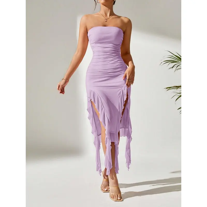 Ruched Split Thigh Ruffle Trim Tube Dress,Pastel Dresses For Women 5
