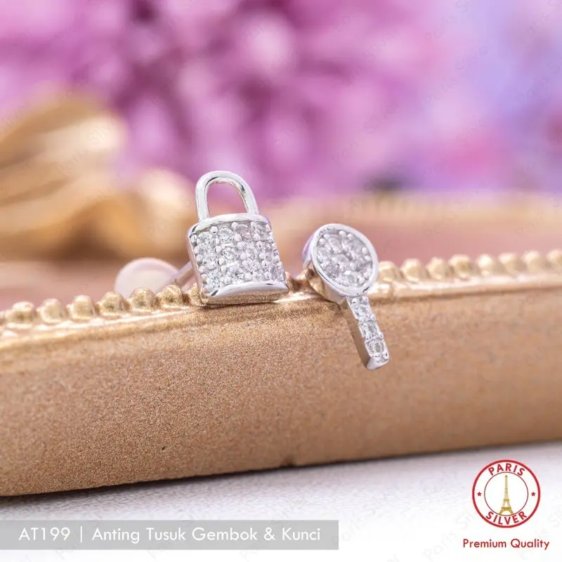 Anting Tusuk Wanita Perak Asli Model Kunci Gembok Silver 925 Lapis Emas Putih Giwang Lock Key Pasangan 1