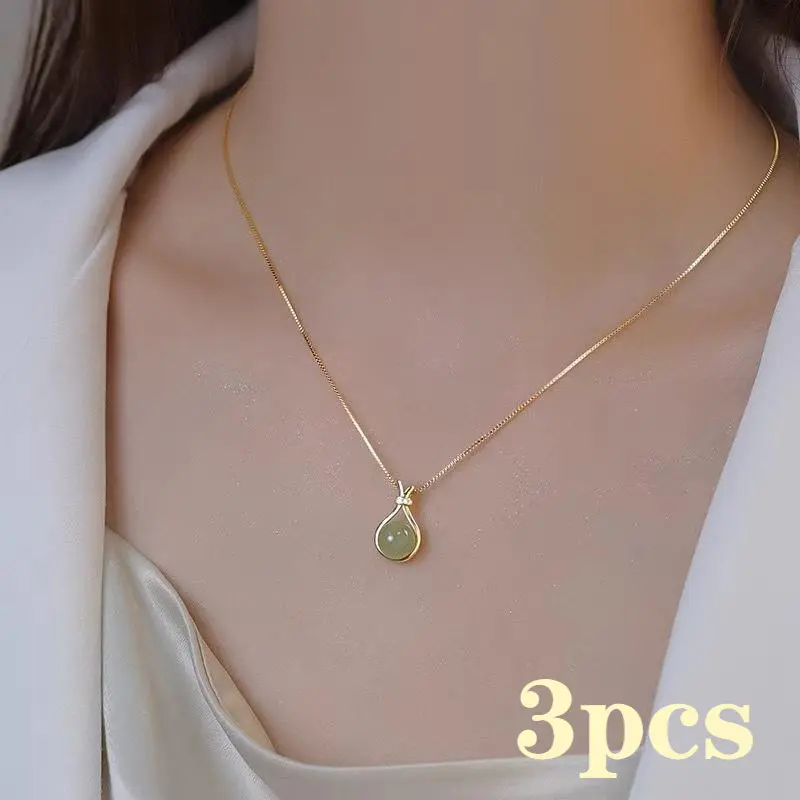3pcs Blessing Bag Hotan Jade Necklace for Women Small Luxury Transfer Beads Collar Chain Retro Chinese Style Pendant for Mum and Girlfriend
