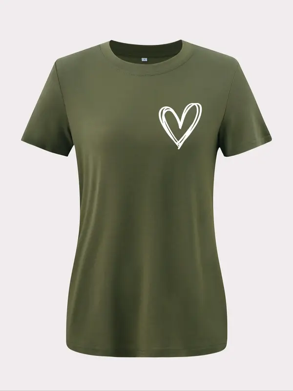 Women's Heart Print Round Neck Basic Tee, Casual Short Sleeve Crew Neck T-shirt for Summer, Fashion Women's Top for Daily Wear 0