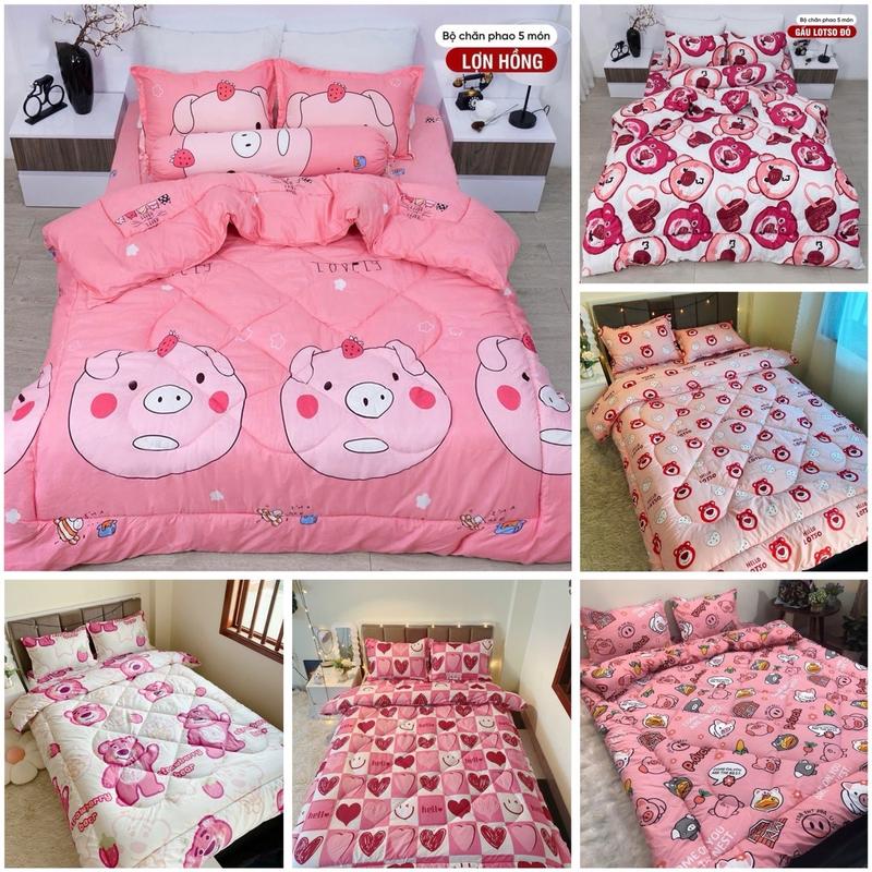 Bộ 5 món ga gối và chăn phao poly cotton chần bông dày mềm êm có ruột bông được chọn mẫu