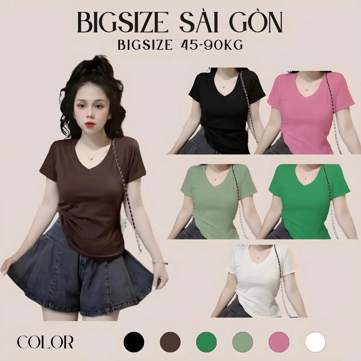 Thời Trang Bigsize Áo Thun Cổ Tim Vải Thun Tăm  50 - 100Kg Dễ Thương Nữ Women Top Cổ Tròn - B.1320