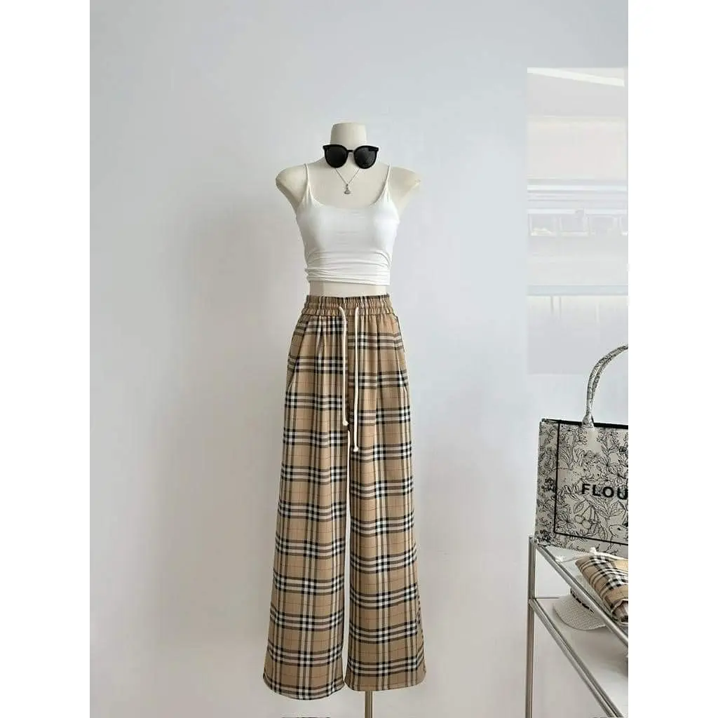 Quần ống rộng kẻ caro có dây rút siêu  xinh mã 11 Nữ Ong Women Pants