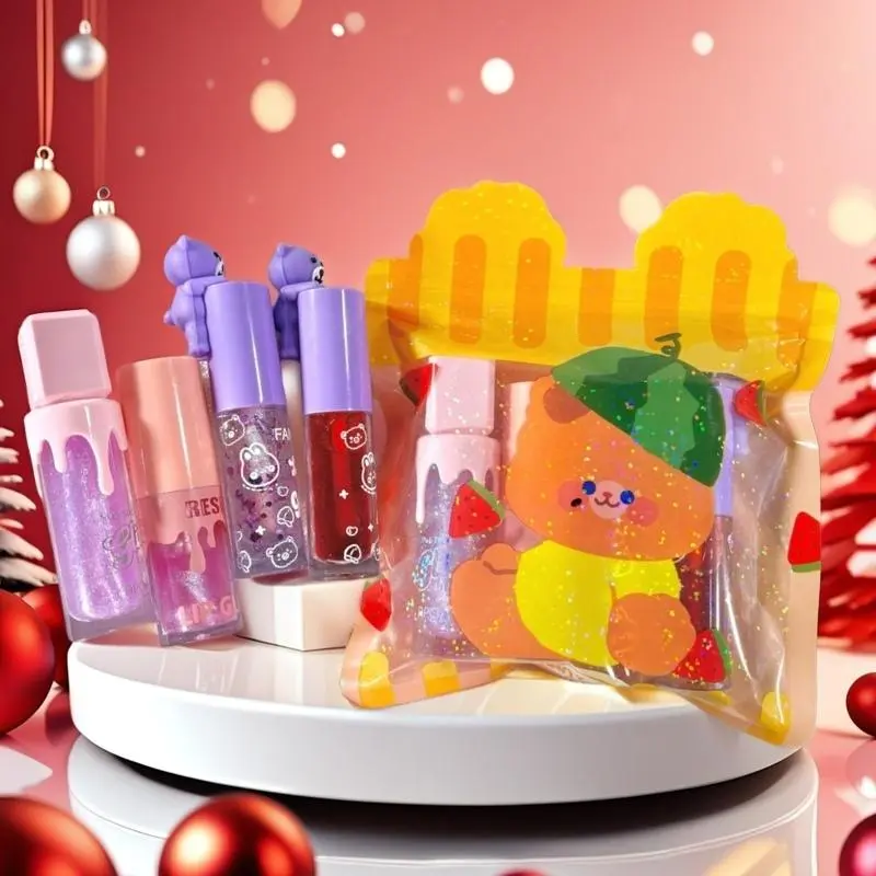 Cartoon Bear Pattern Lip Gloss Set, 4 Counts/set Glitter Lip Glaze, Long Lasting Lipstick, for All Occasions Lip Makeup, Girls Makeup Accessories, Cosmetic 2