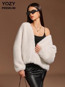 YOZY Women's Solid Color Buckle Front V Neck Faux Fur Jacket, Casual Long Sleeve Outerwear for Fall & Winter, Women's Clothing for Daily Wear