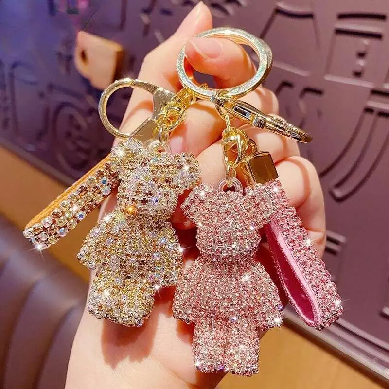 Cute Rhinestones Tassel Bear Couple Keychain Girl Decoration Small Car Key Ring Student Bag Pendant 2025 Bringbring