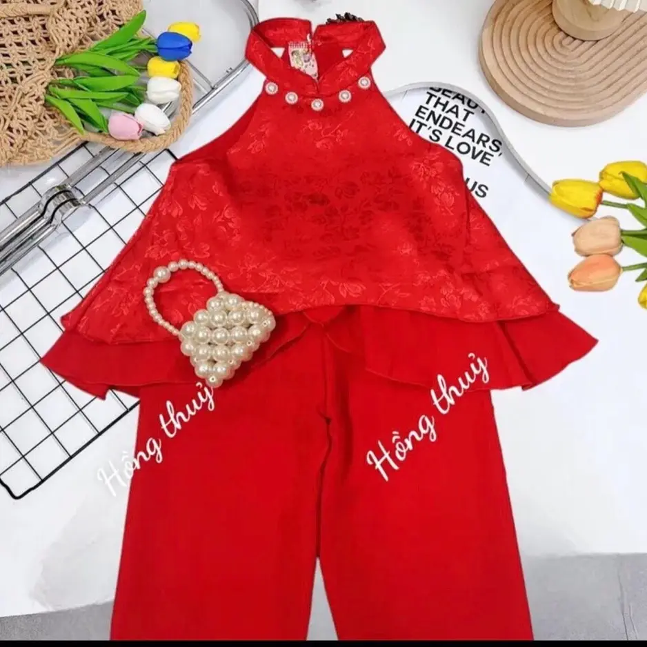 Quần áo bé gái - Bộ Áo Yếm Gấm Lụa cổ ngọc quần xuông cho bé (8-22kg)