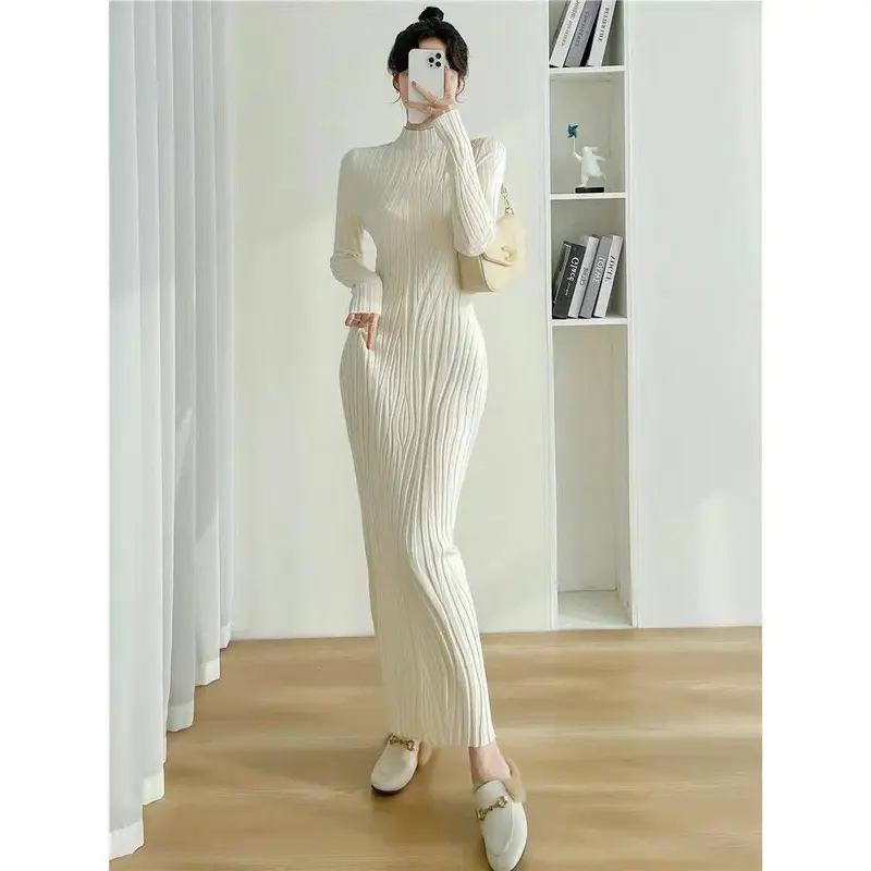 Áo Sơ Mi Lớp Nền Bó Sát Phong Cách Nhật Bản Và Hàn Quốc, Đơn Giản Và Thường Ngày, cổ lọ thấp, Thích Hợp Để Phối Bên Trong, Áo Len Dệt Kim, Váy Quá Gối, Năm 2024 Women Dress Khuy 1