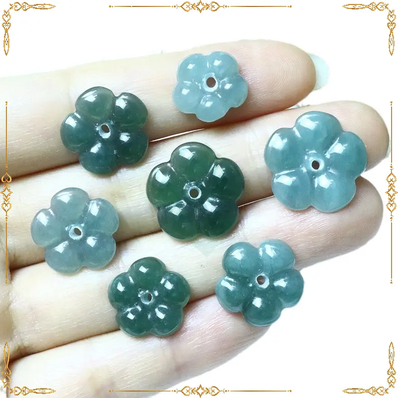 Đá Lam Ngọc Khắc Hoa Năm Cánh Jadeite Myanmar Type A Xâu Vòng, Dây Đeo, Làm Phụ Kiện Thời Trang - Halj Store 0