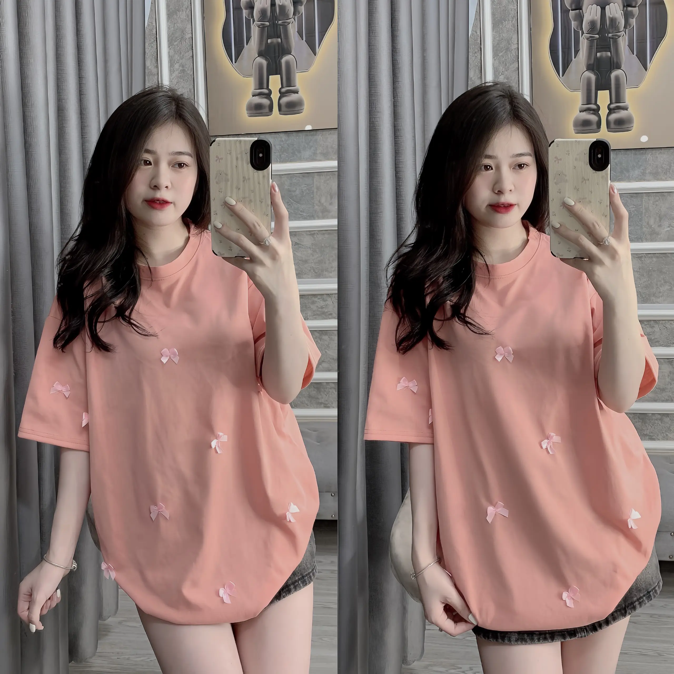 Áo Phông cotton 3158 - thêu nơ nhỏ full áo ( Free size 40-70kg ).