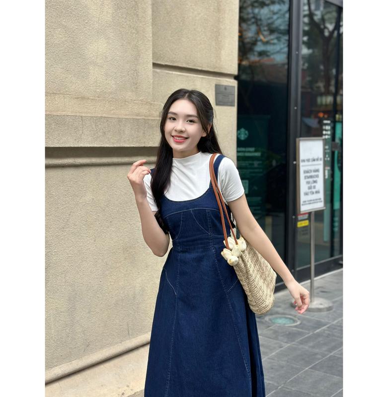 Váy jeans 2 dây 29feb.closet yếm bò thiết kế lưng chun dáng xòe dài phong cách Hàn Quốc dễ phối đồ năng động - V31 Nữ Women 6