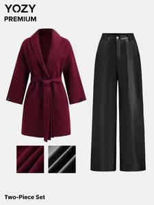 YOZY Women's Solid Button Belted Coat & Pants Two-piece Set, Casual Long Sleeve Outerwear & Trousers for Fall & Winter, Women's Clothes for Daily Wear