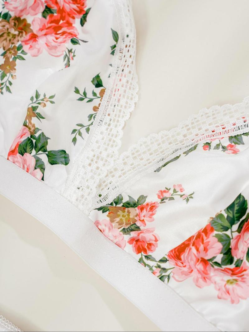 Product Introduction of Two-piece Set Women's Floral Print Contrast Lace Push Up Bra & Panty Set, Adjustable Strap Triangle Lingerie Top & Knicker, Women's Underwear Set for All Seasons, Naughty Lingerie 9