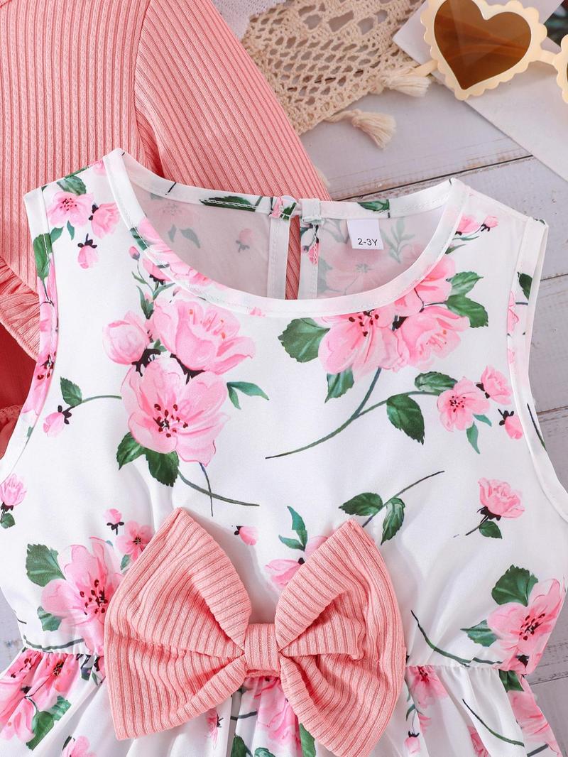 Product Introduction of Toddler Girl's Ditsy Floral Print Sweater Co-ord Set, Cute Sleeveless Dress & Long Sleeve Knitwear Set for Spring, Kids Clothes for Daily Wear 3