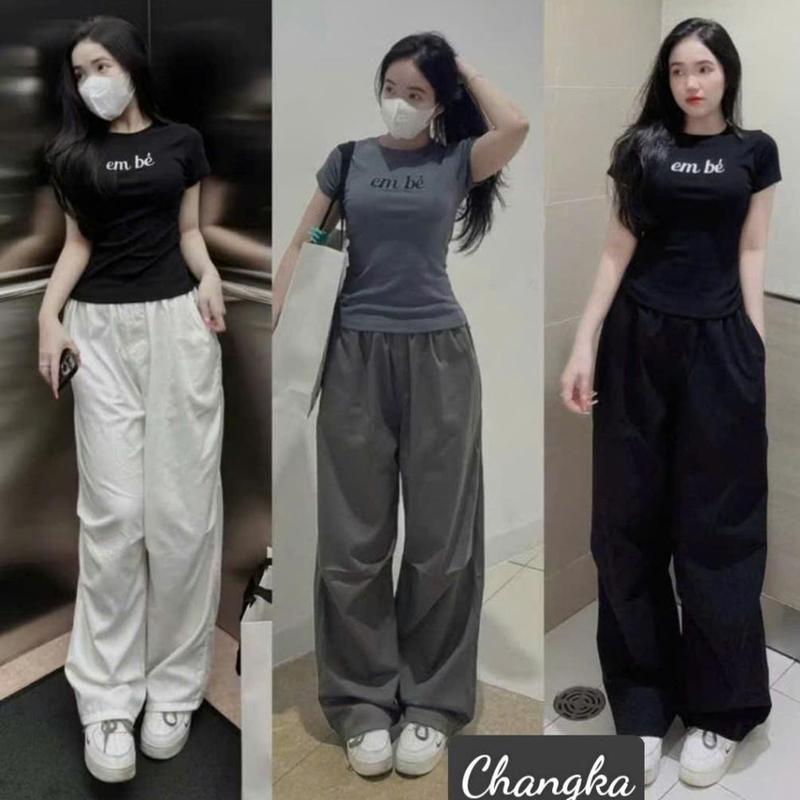 Quần ống rộng suông cạp chun thun thấp có túi màu Đen trắng ghi dáng dài chất KAKI Quần tây ống suông nữ Đi học Đứng dáng