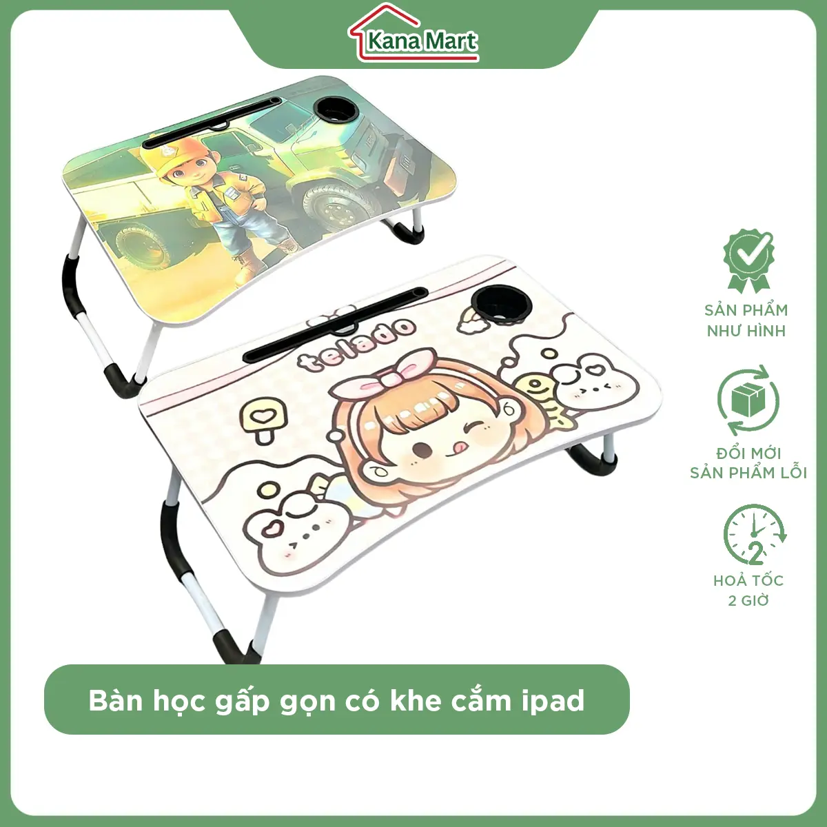 Bàn học, bàn làm việc gấp gọn Kana Mart D60 x R40 x C28 cm, có khe cắm điện thoại và hốc đựng ly nước