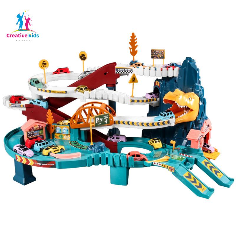 Đồ chơi đường hầm khủng long chạy pin có nhạc  kèm  4 xe và thảm đáy Toy