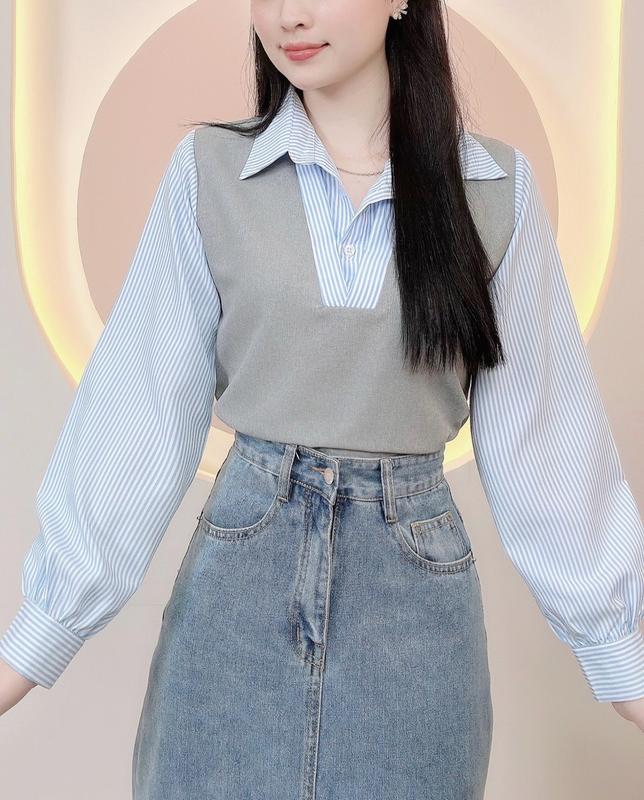 Áo sơ mi nữ hàn quốc thiết kế sọc phối gile liền trẻ trung xinh xắn LAMO-B1183