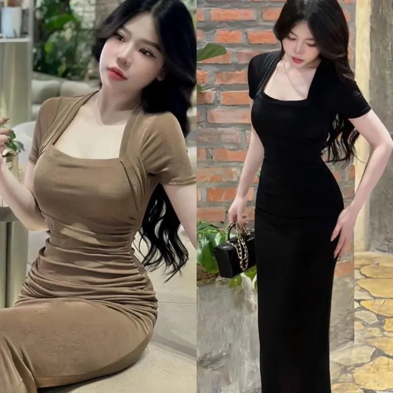 váy body cổ vuông chất thun lạnh dress ôm gọn Nữ Women 0