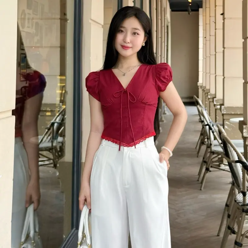 Áo Cổ V Nơ Ngực Phối Viền Ren Top Women QC016