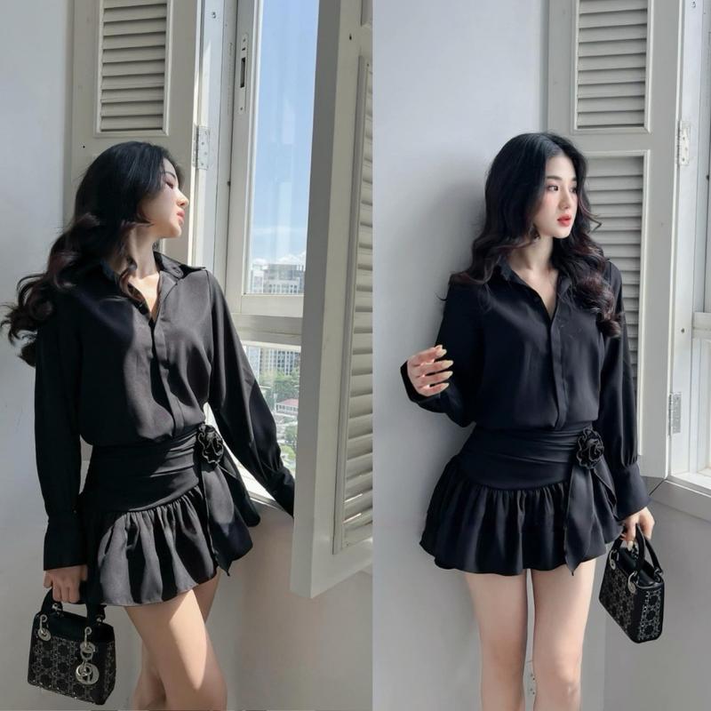 Set Áo Sơ Mi Kèm Chân Váy Vạt Chéo Đính Hoa Form Bigsize 60-90Kg ( Bèo Béo Bigsize ) Women Nữ Kem Top