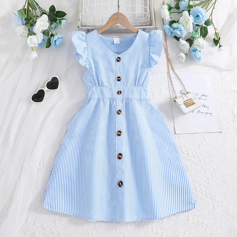 Girls' Plus Size Children's Clothing Export Kids' Dress 2025 Summer New Stylish Flutter Sleeve Striped Princess Dress Wholesale