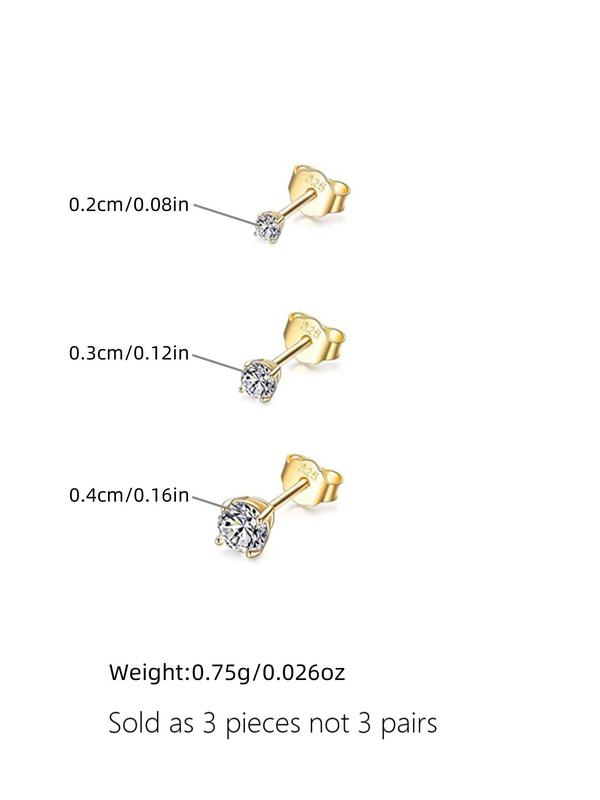 925 Sterling Silver Rhinestone Decorated Stud Earrings, 3 Counts Fashion Temperament Earrings for Women & Men, Trendy All-match & Exquisite Jewelry for Birthday Gift 1