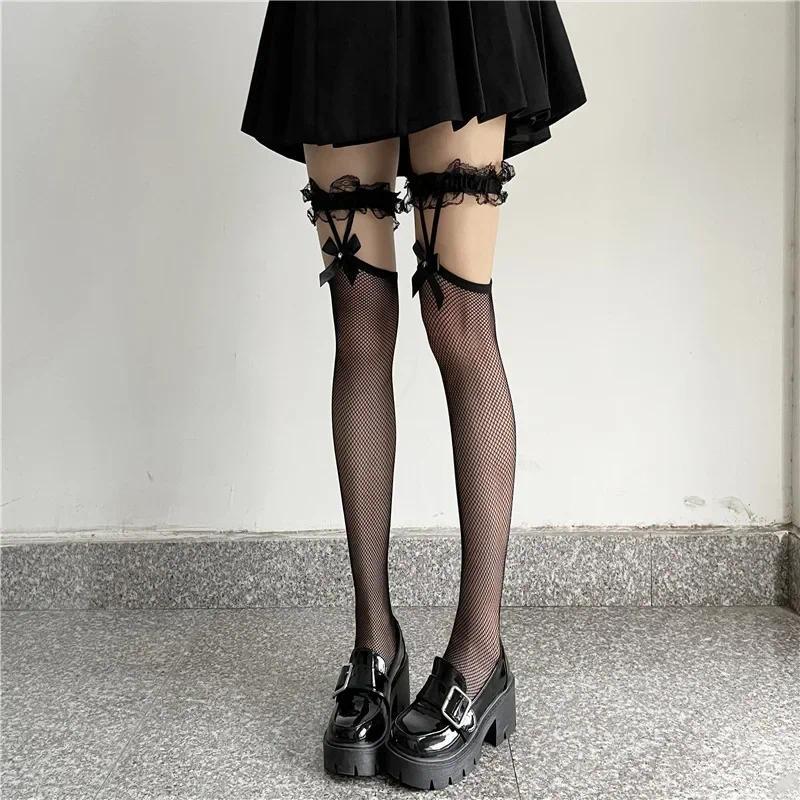 Tất Lưới Cá, Tất Ống Dài, Phong Cách JK Lolita Cô Gái Nhật Bản, Với Nơ Ren, Tất Cao Đến Đầu Gối, Y2k 4