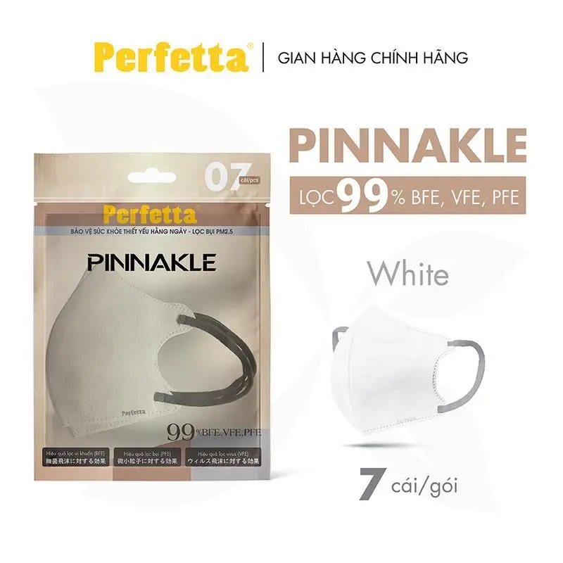 Gói Khẩu Trang Cao Cấp Perfetta Pinnakle, 3 Lớp Kháng Khuẩn, Quai Đeo Thun Bông, Lớp Trong Mềm Mịn (7 cái/gói) Phụ Kiện Voi