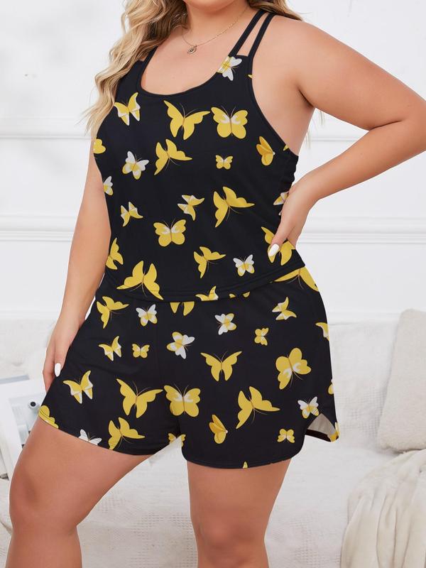 Plus Size Two-Piece Set Butterfly/Tie Dye Print Cami Top & Elastic Waist Shorts Pyjama Set, Casual Scoop Neck Sleeveless Top & Shorts Loungewear Set, Women's Sleepwear for All Seasons 6