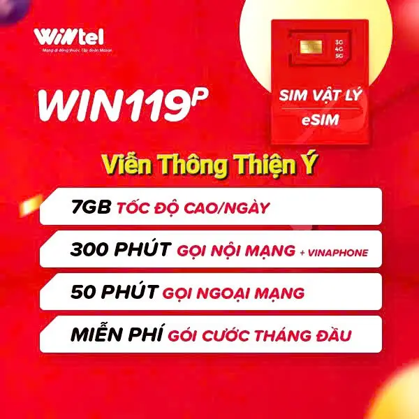 SIM Wintel 4G WIN119P 210GB/THÁNG + 50P Ngoại Mạng Gọi Vinaphone Miễn Phí