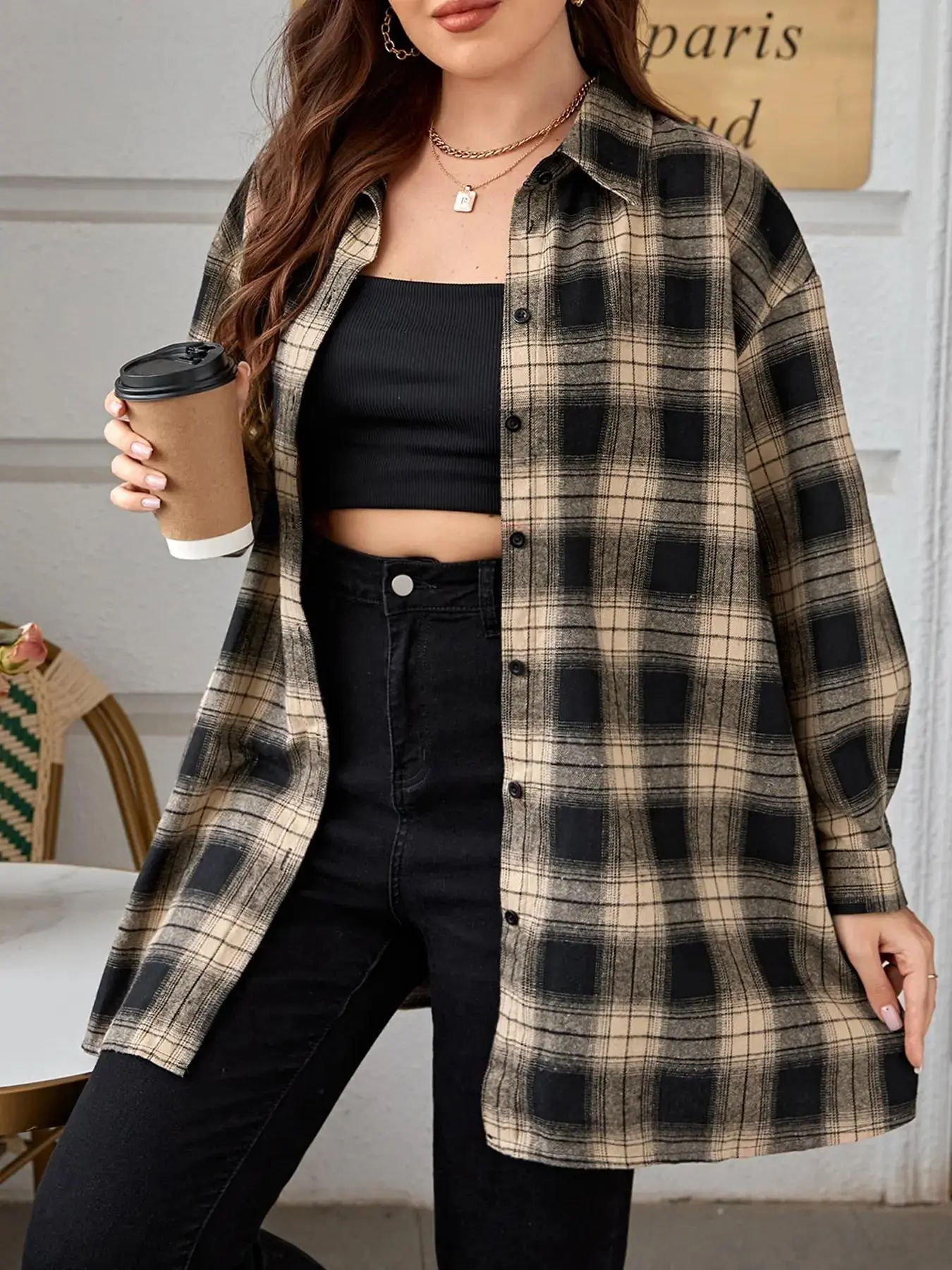 Plus Plaid Print Button Front Drop Shoulder Blouse, Casual Long Sleeve Collared Top for Daily Outdoor Wear, Women's Clothes for Fall & Winter, Outfits To Hide Tummy Uk, Loser Core Outfits, Going Out Tops