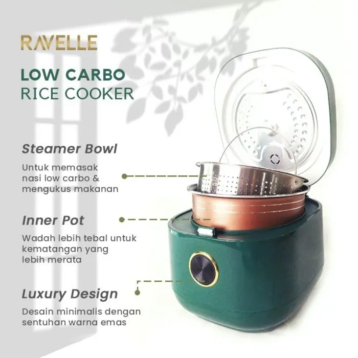 Ravelle Rice Cooker Rendah Gula 3 Liter (1,2 Liter Beras) - Digital Low Carbo Rice Cooker 5