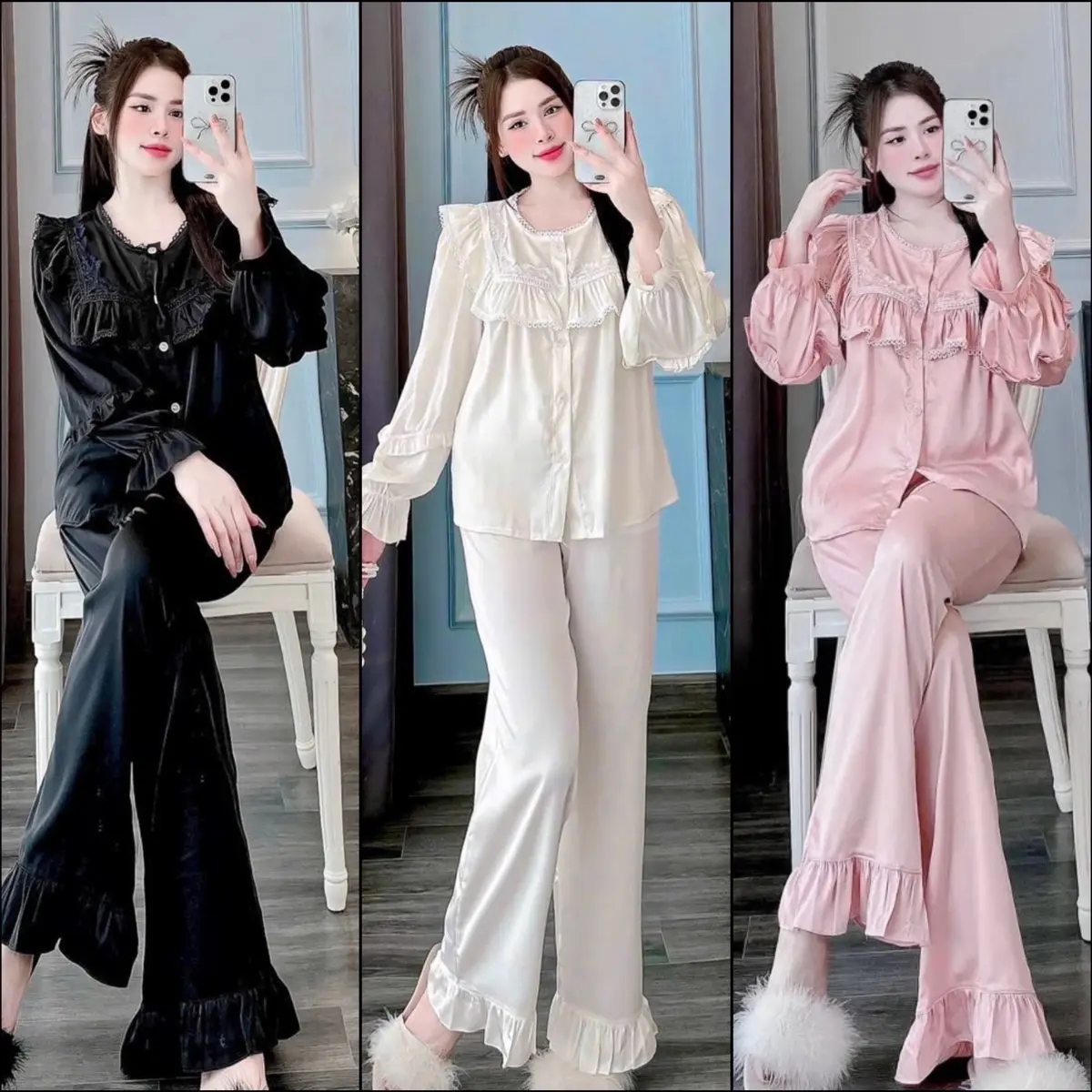 Bộ Ngủ Tiểu Thư Vải Lụa Mịn Phối Cổ Bèo Viền Ren, tay áo bèo nhún 2 tầng, có 3 màu lựa chọn(đen-kem-hồng), quần có túi, free size 40-63kg Women