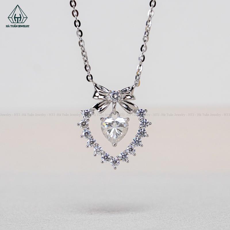Dây Chuyền BẠC 925 Xi Kim Mặt Liền Đính Đá Moissanite Hình Trái Tim 5mm KHÔNG GIẤY N607 Hà Tuấn Jewelry