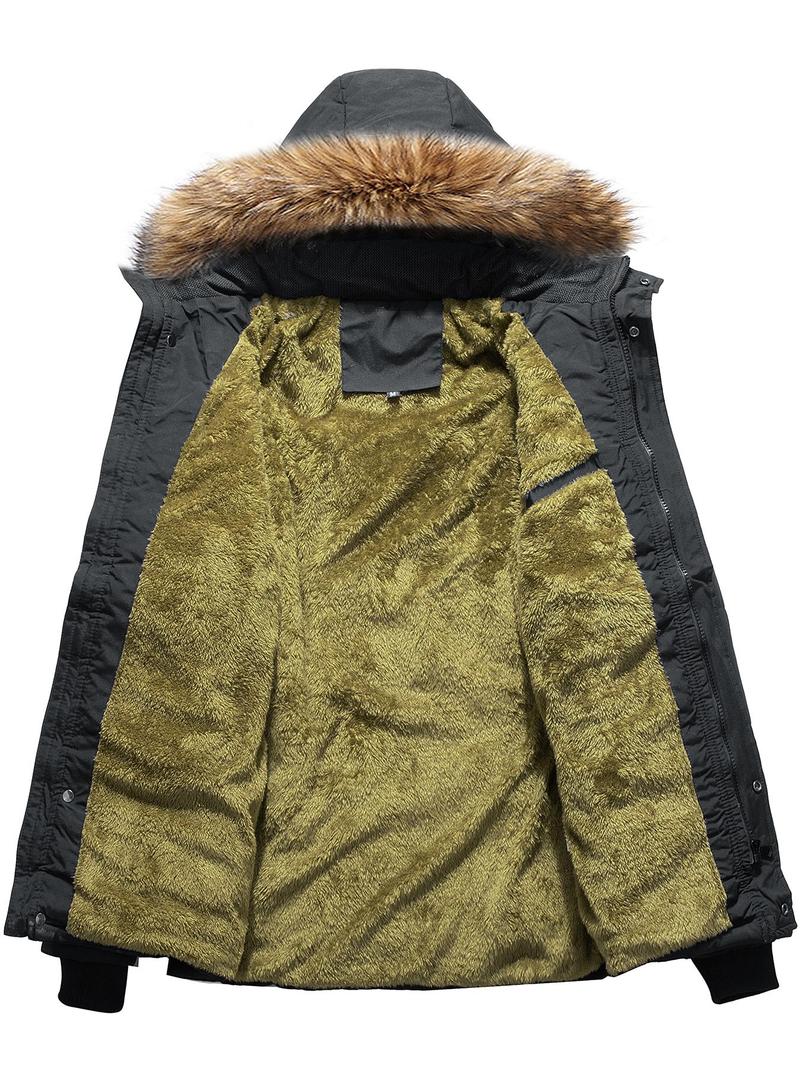 Product Introduction of Men's Contrast Faux Fur Trim Pocket Hooded Thermal Jacket, Regular Fit Casual Long Sleeve Button Front Warm Outerwear for Winter, Men's Clothes for Daily Wear 11
