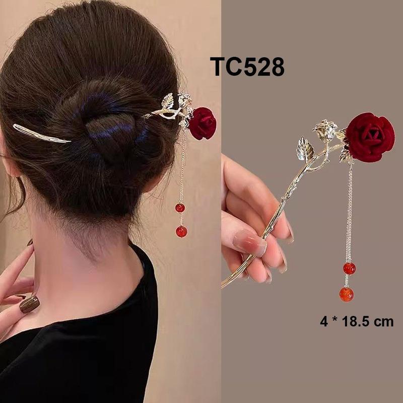 GOTI Trâm Cài Tóc Hình Hoa Hồng Phối Tua Rua Châu Đỏ Kiểu Trâm Búi Tóc Phong Cách Hán Phục Cổ Điển Cho Nữ TC528-TC5054