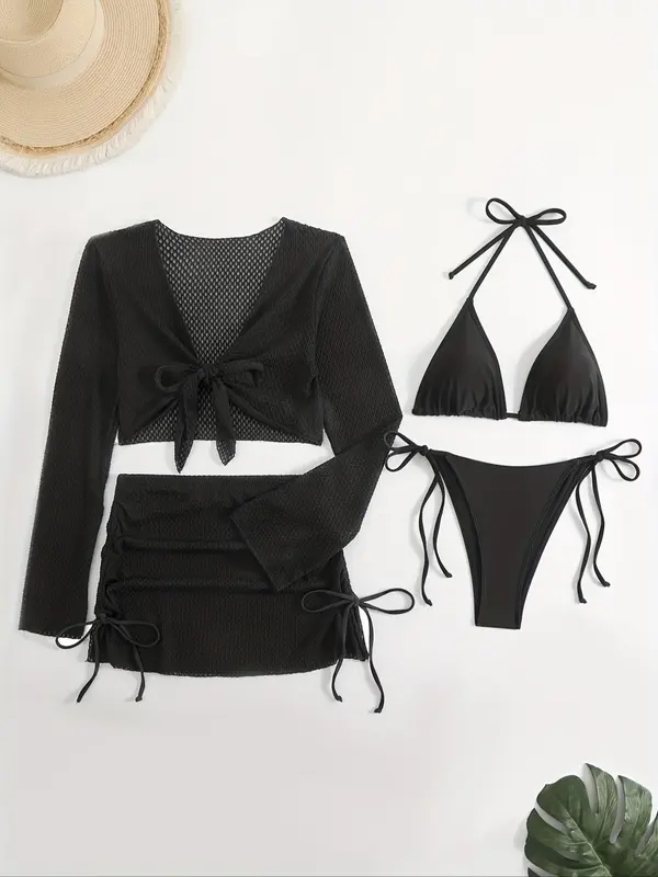 Women's Solid Cover Up Top & Tie Side Swim Panty & Cover Up Skirt & Swim Bra Set, Casual Fashion Swimwear Set for Beach Holiday Vacation, Ladies Swimsuit for All Seasons, Bikinis Sets 4
