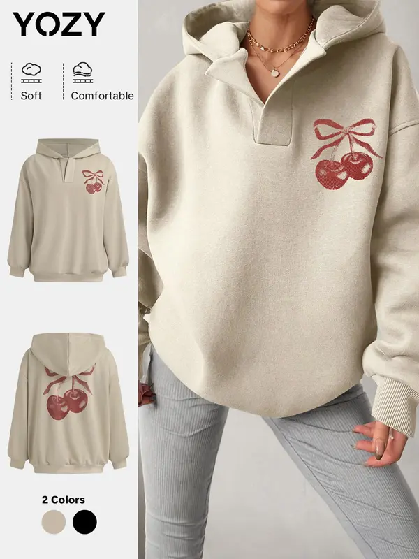 YOZY Women's Cherry Print Drop Shoulder Hoodie, Fashion Casual Long Sleeve Hooded Sweatshirt for Daily Holiday Outdoor Wear, Women Clothing for Fall & Winter 0