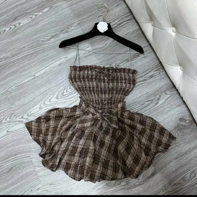 sét carô áo nhún thun kèm chân váy đính nơ Nữ 3