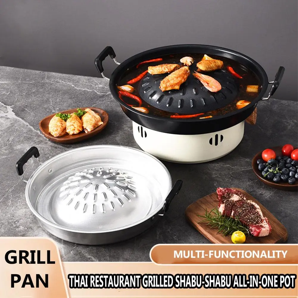 2-in-1 Multifunctional Shabu Shabu All-in-One Non-Stick Pan Household Grill Pan With Hot Pot M3I5