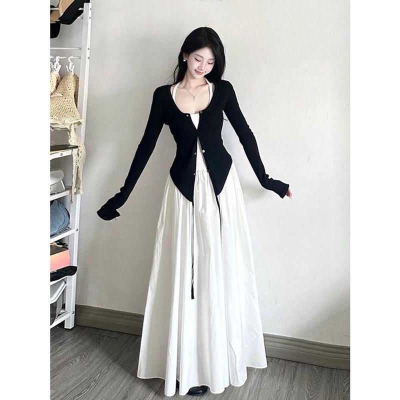 Set đầm maxi 2 dây phối áo khoác cardᶖgan lạ mắt  Set đồ nữ trắng đen tôn dáng che khuyết điểm mặc thu đông 0