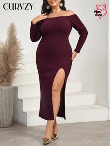 CURVZY Plus Size Solid Split Thigh Dress, Casual Long Sleeve Dress for Spring & Fall, Women's Clothes for Daily Wear