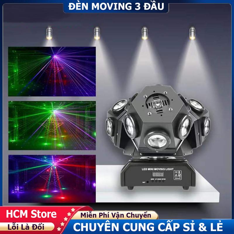  Đèn Moving 3 Đầu 18 Mắt LED+3 Mắt LASER Đảo Xoay 360 độ Chuyên Sân Khấu và Bay Phòng 