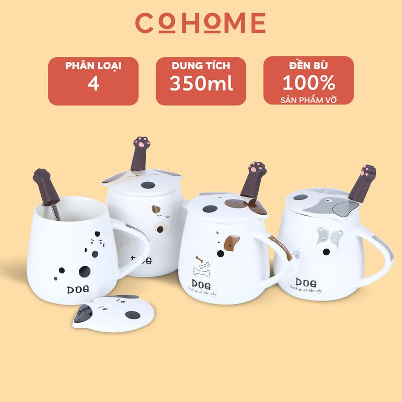 Ly sứ in hình chó có nắp đậy 350ml, cốc uống nước cute phù hợp quà tặng và đồ decor