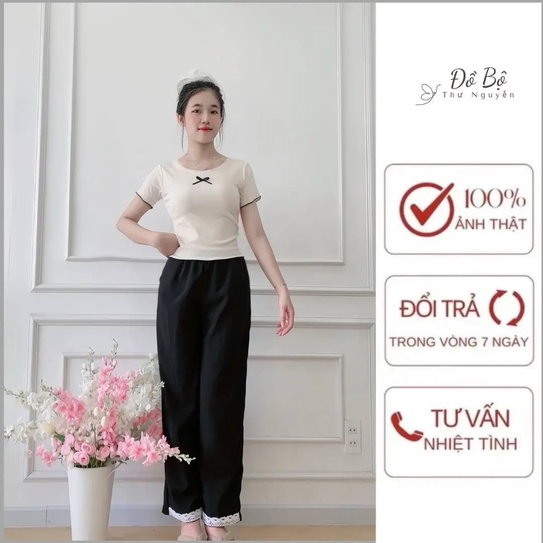 Set Bộ Nữ Áo Thun Ngắn Tay Phối Ren ,Quần Ống Rộng Chất Đũi Mát Women Voi Ong Top