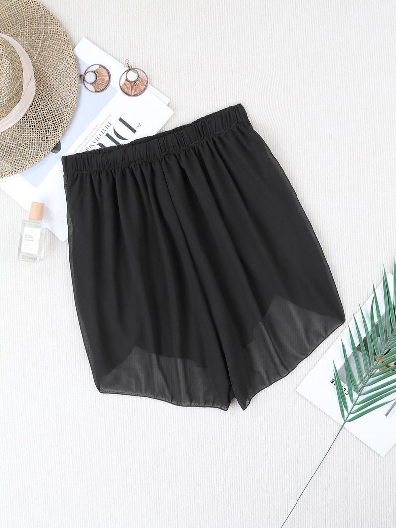 Product Introduction of Plus Size Plain Tassel Tie Front Elastic High Waist Shorts, Casual Swim Shorts for Summer, Women's Swimwear Bottoms for Beach Vacation Holiday 3